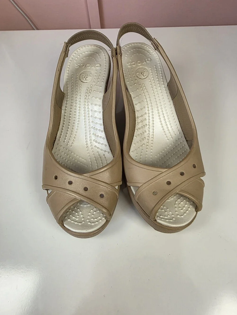 Crocs Farrah Wedge Slingback Sandals Nude Beige W8